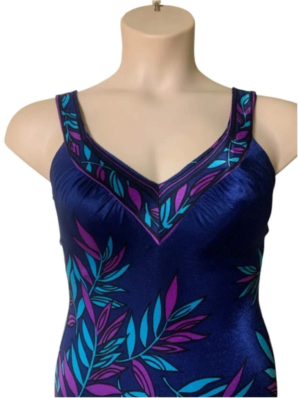 Vntg 70’s Maxine of Hollywood Blue Purple Leaf One Piece Swimsuit Size 12
